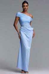 Tillie Elegant Contour Off Shoulder Pleated Sheer Maxi Dress