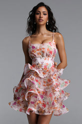 Jacey Resort Tailored Sleeveless Ruffle Floral Print Organza Mini Dress