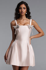 Gerianna Elegant Tailored Sleeveless Rhinestone Bow Satin Mini Dress