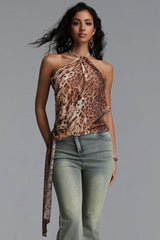 Jaelyn Sexy Flowy Sleeveless Rhinestone Leopard Print Chiffon Top