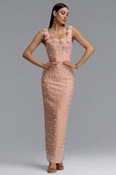 Shea Elegant Contour Square Neck Floral Pearl Bandage Beige Maxi Dress