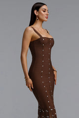 Leah Sleeveless Diamond Tassel Bandage Brown Maxi Dress