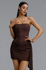 Janiyah Vintage Contour Strapless Rhinestone Mesh Ruched Sash Mini Dress