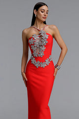 Veronic Glamorous Contour Halter Cut Out Rhinestone Floral Bandage Red Maxi Dress