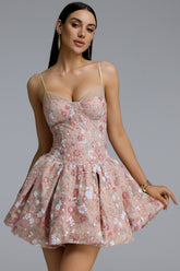 Evvie Romantic Contour Sweetheart Corset Floral Sequin Tulle Pink Mini Dress