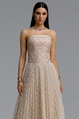 Elissa Romantic Contour Strapless Rhinestone Floral Lace Maxi Dress