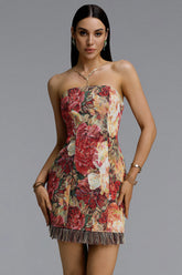 Garina Vintage Contour Strapless Floral Tapestry Tassel Mini Dress