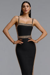 Lestie Minimalist Contour Straight Neck Gold Woven Bandage Midi Dress