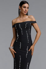 Doro Chic Contour Off Shoulder Pearl Rhinestone Vertical Bandage Maxi Dress
