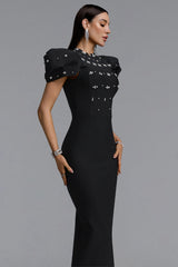 Vazada Elegant Contour High Neck Bow Puff Sleeve Bandage Black Maxi Dress