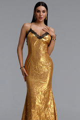 Gini Luxurious Contour Spaghetti Strap Lace V Neck Crinkled Maxi Dress