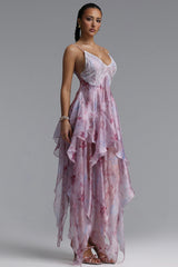 Yuni Resort Flowy Spaghetti Strap Lace Trimmed Asymmetric Ruffle Woven Maxi Dress