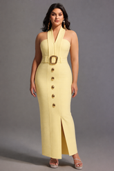Lanla Chic Contour Halter Metal Buckle Bandage Maxi Dress