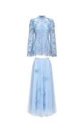 Sabina Long Sleeve Folds Lace Butterfly Top And Skirt Two-Piece Set