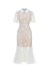 Selly Elegant Contour Short Sleeve Rhinestone Floral Lace Woven Maxi Dress