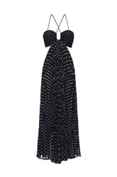 Loka Resort Flowy Sleeveless Cut Out Pleated Polka Dot Woven Maxi Dress