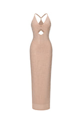Yetta Diamante Sleeveless Midi Mesh Dress - Beige