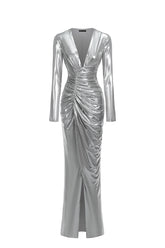 Linka Deep V Long Sleeve Shirr Maxi Dress