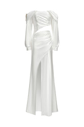 Dotty One Shoulder Long Sleeves Hollow High Slit Satin Maxi Dress