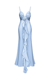 Yvonne Sleeveless V-Neck Flowers Flounce Blue Maxi Dress