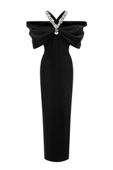 Sloan Halter Diamond Off-The-Shoulder Bandage Maxi Dress