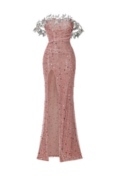 Siola Off-The-Shoulder Lace Slit Sequins Maxi Dress