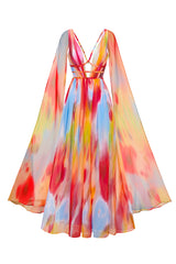 Zelda Sexy Flowy V Neck Cape Sleeve Abstract Print Maxi Dress