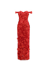 Romantic Tailored Off Shoulder Floral Embroidered Maxi Dress