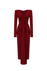 Dixie Sexy Contour Long Sleeve Deep V Ruched Knit Maxi Dress