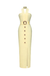 Lanla Chic Contour Halter Metal Buckle Bandage Maxi Dress