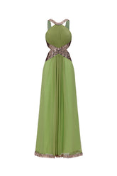 Melisa Chic Flowy Halter Pleated Cut Out Sequin Maxi Dress