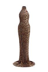 Myka Glamorous Contour Halter Leopard Print Sequin Maxi Dress