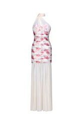 Margarete Romantic Contour Halter Ruched Floral Print Mesh Maxi Dress