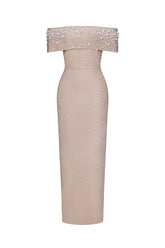 Isme Elegant Contour Off Shoulder Pearl Rhinestone Bandage Maxi Dress
