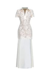 Locia Elegant Contour Buttoned Short Sleeve Lace Top and Satin Skirt