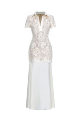Locia Elegant Contour Buttoned Short Sleeve Lace Top and Satin Skirt