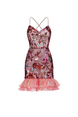 Olpa Chic Contour Tiered Ruffle Floral Sequin Pink Mini Dress