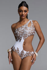 Jaxon Sexy Contour One Shoulder Cut Out Lace Pearl Rhinestone One Piece Swimsuit