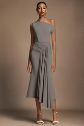 Paulina Oblique Shoulder Sleeveless Folds Gray Midi Dress