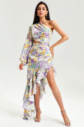 Floral Slanted Shoulder Long Sleeve Ruffle Irregular Maxi Dress - Purple