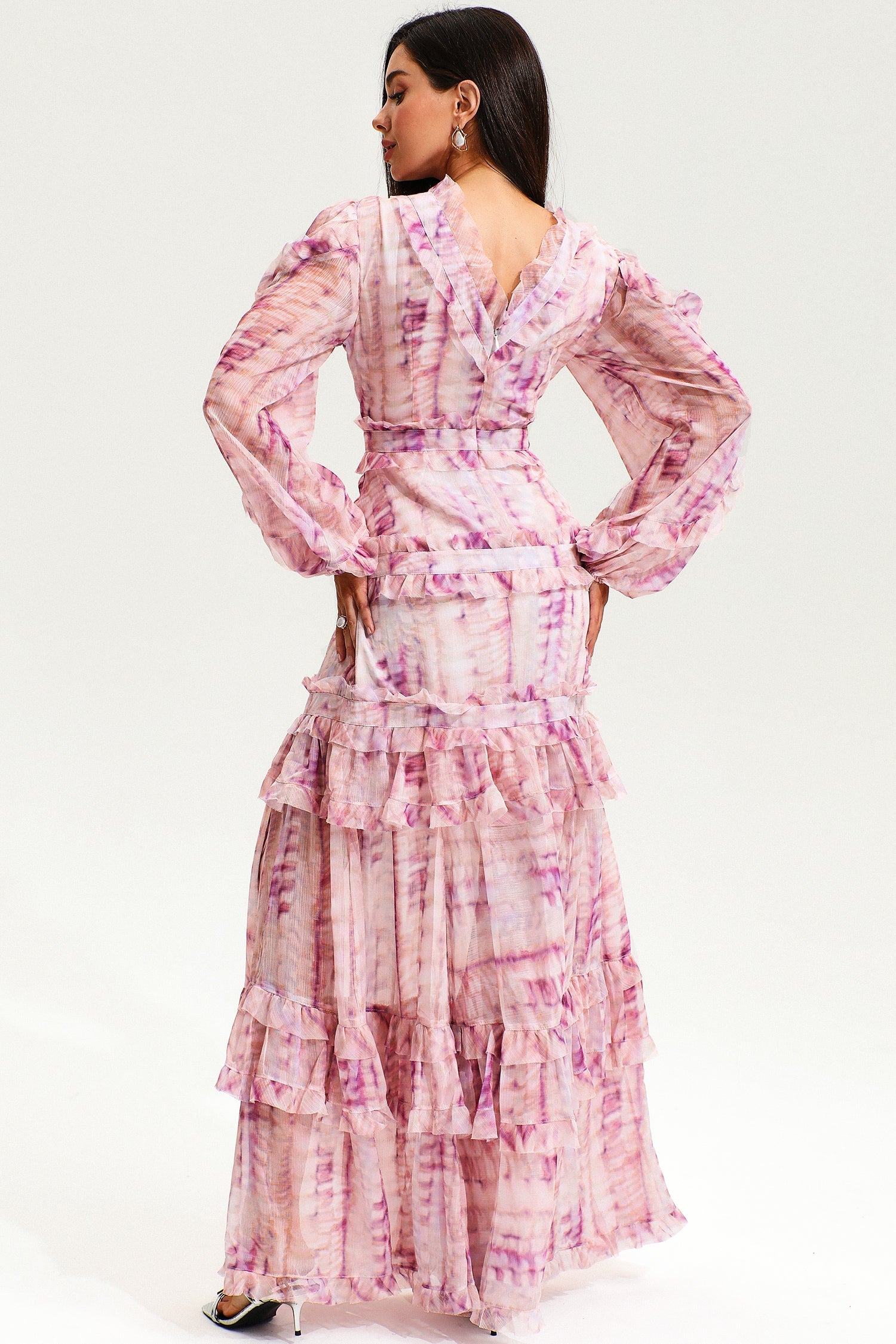 V-Neck Lace Puff Sleeve Tiered Ruffle Hem Maxi Dress