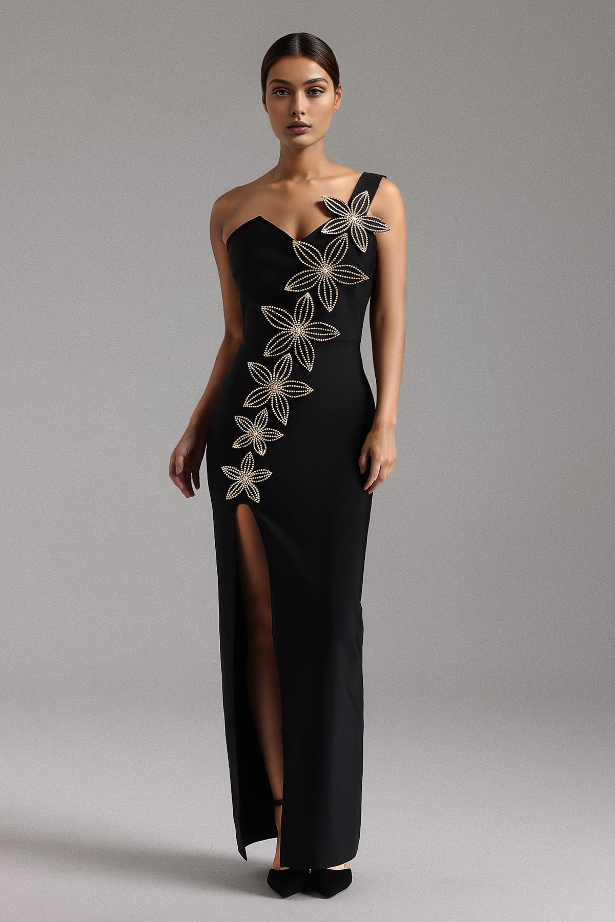 Monroe One-shoulder V-neck Floral Bandage Maxi Dress