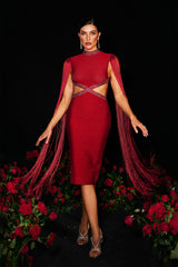 Plume Round Neck Hollow Diamond Bandage Midi Dress