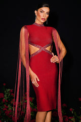 Plume Round Neck Hollow Diamond Bandage Midi Dress