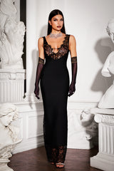 Janano Lace Deep V Maxi Dress - Black