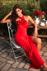 Xiacly Flowers Halter Slit Maxi Dress