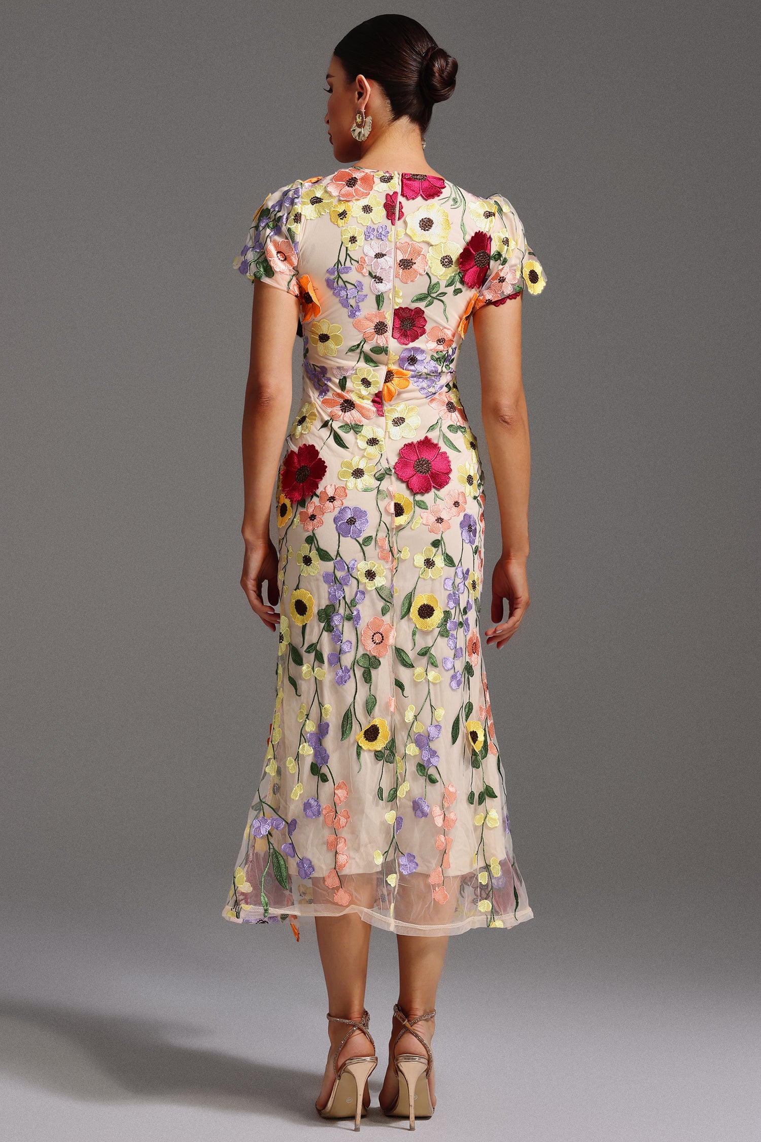 Naya Short Sleeve Round Neck Flowers Fishtail Midi Dress