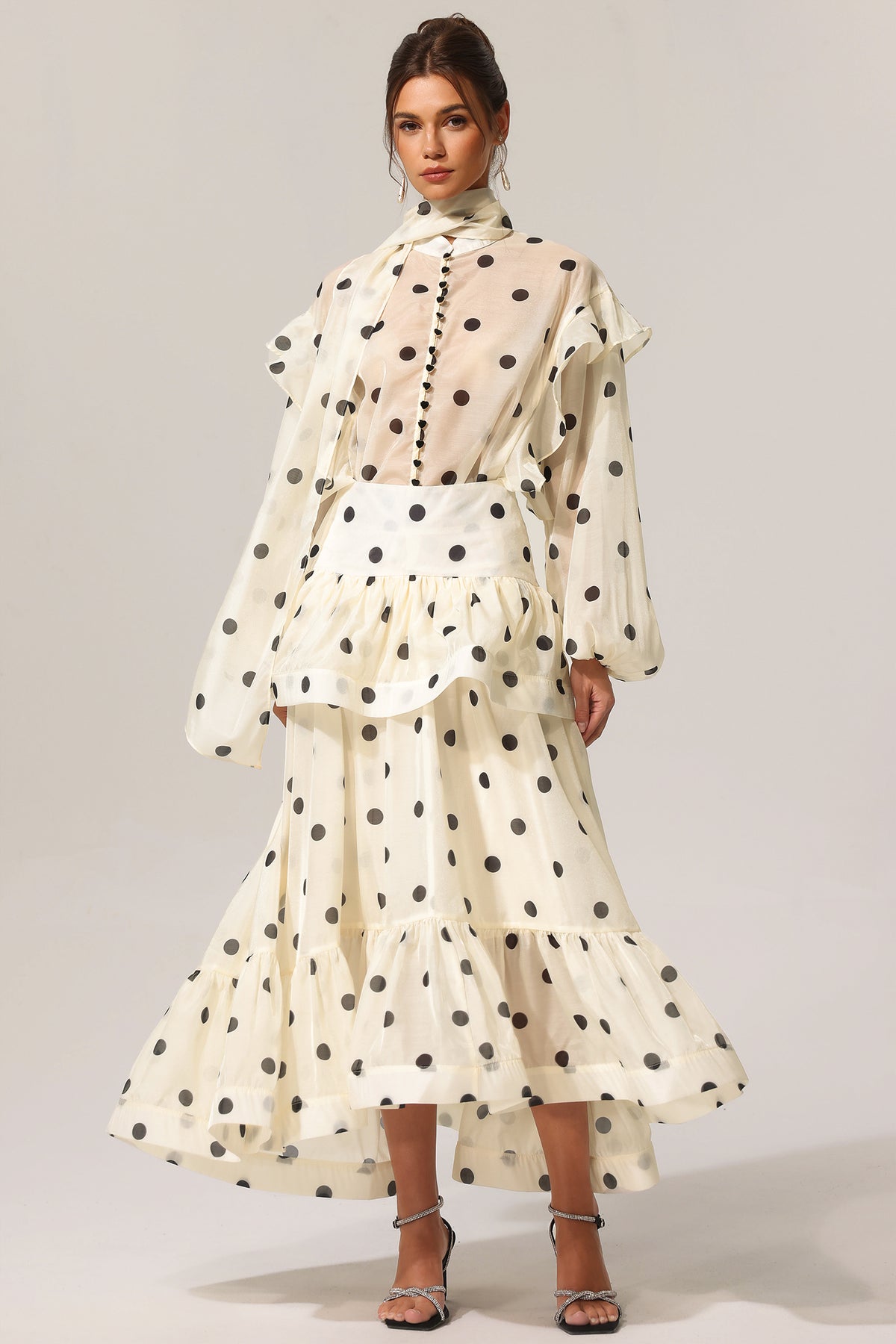 Rode Dot Printed Folds Long Sleeves Top And Skirt Two-Piece Set