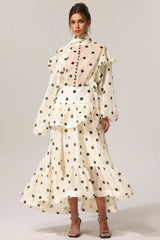 Rode Dot Printed Folds Long Sleeves Top And Skirt Two-Piece Set