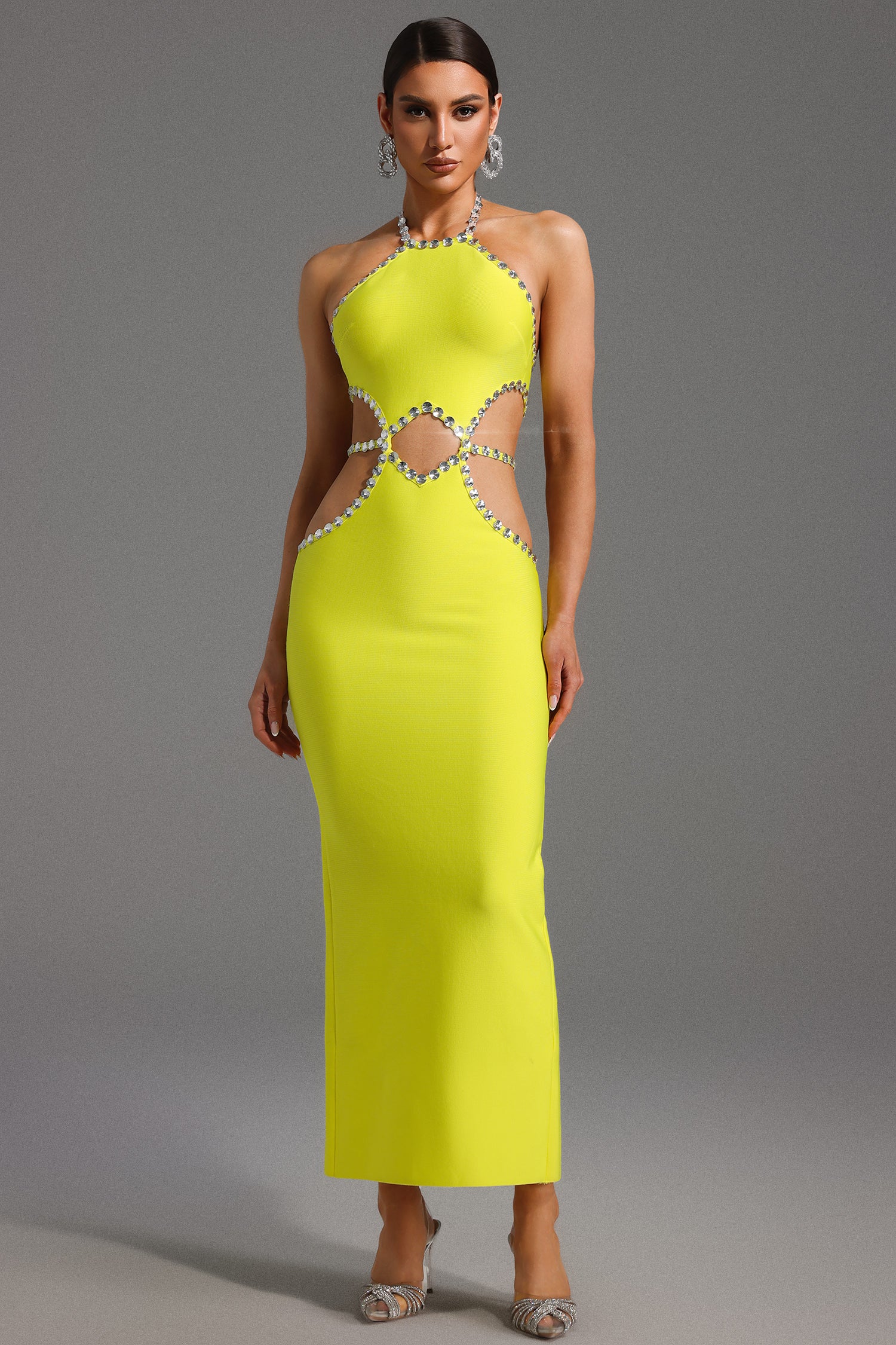 Juyce Halter Sleeveless Hollow Out Diamond Bandage Maxi Dress